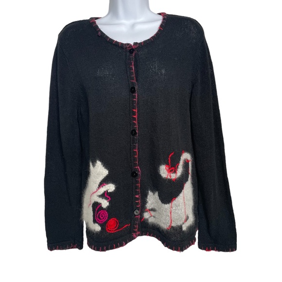 Coldwater Creek Cardigan Kitty playing with Yarn Embroidered Button Front Sz M - Picture 1 of 13